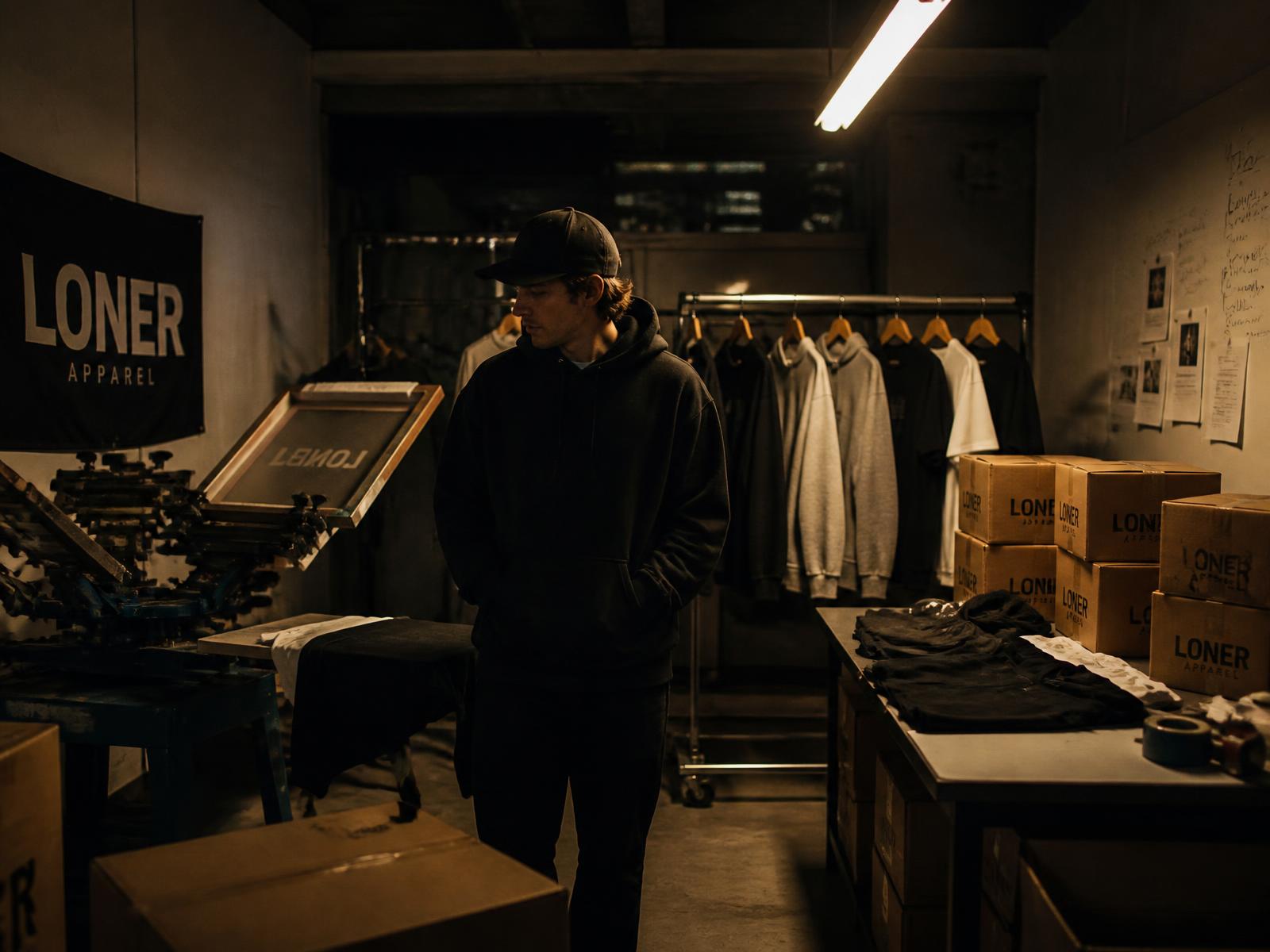 Clothing brand founder in a screen printing studio surrounded by blanks and shipping boxes